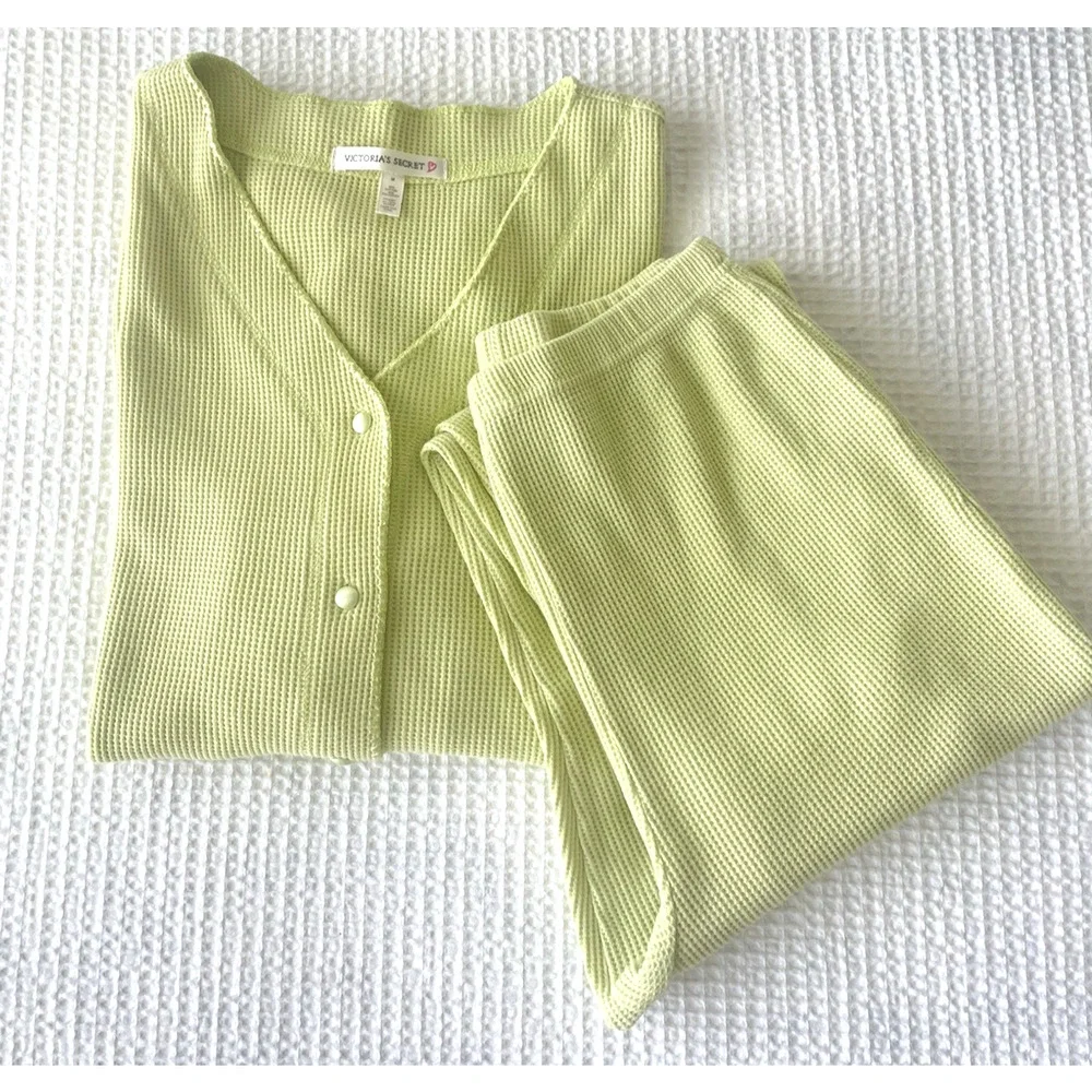 Vtg Victorias Secret Thermal Pajama Set Late 90s / Y2K Lounge Waffle Knit Medium - Picture 5 of 5